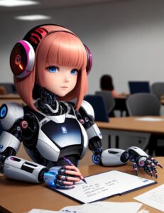 DreamShaper_v5_AI_robotic_girl_blonde_hairs_writing_on_laptop_2