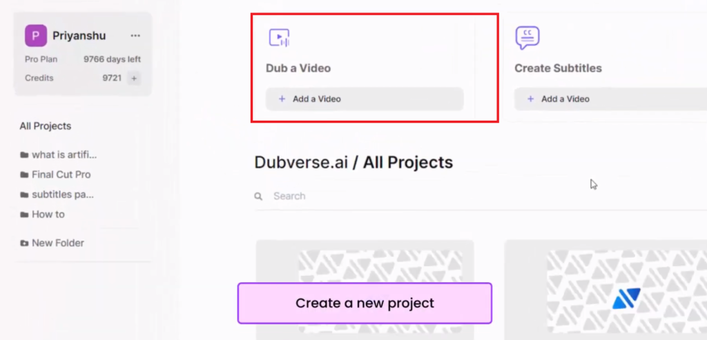 create new project Dubverse AI