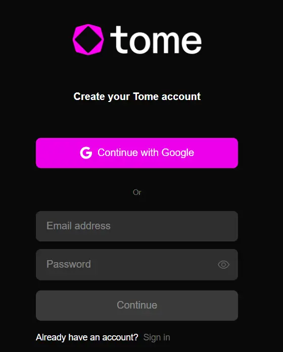 Tome AI sign up