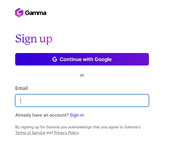 مرحله ثبت نام با ایمیل در سایت Gamma